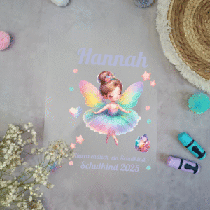 Bügelbild für Schultüte Fee mit Regenbogenkleid mit Namen / Datum A4