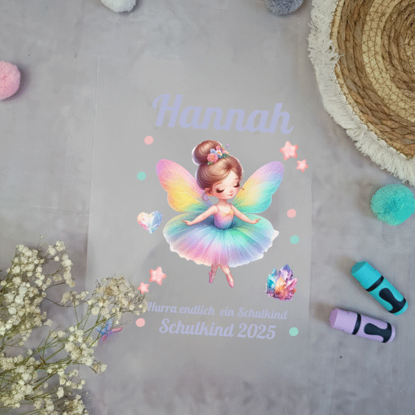Bügelbild für Schultüte Fee mit Regenbogenkleid mit Namen / Datum A4