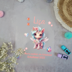 Bügelbild Einhorn lila Schultüte personalisiert mit Name & Datum | A4 Aufbügler Einschulung