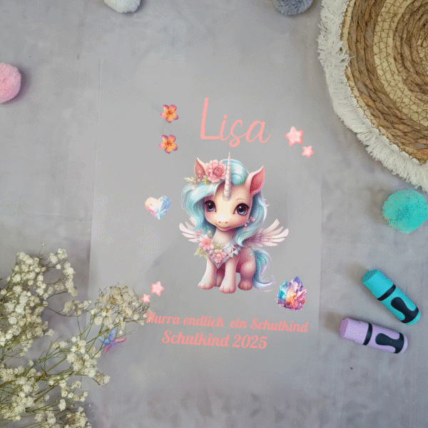 Bügelbild Einhorn lila Schultüte personalisiert mit Name & Datum | A4 Aufbügler Einschulung