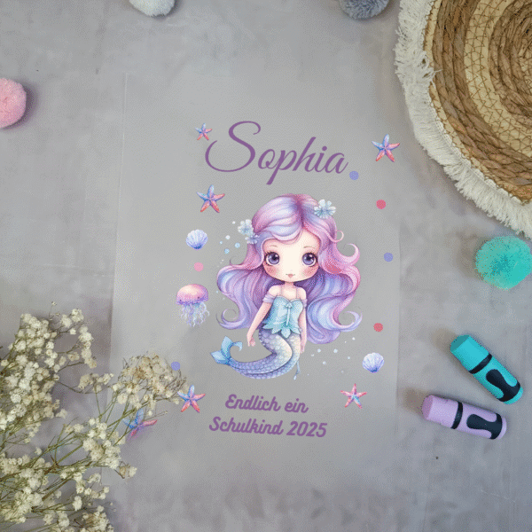 Bügelbild Meerjungfrau Lila für Schultüte mit Namen / Datum