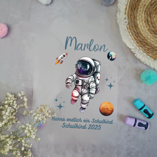 Bügelbild Astronaut Weltall  für Schultüte mit Namen
