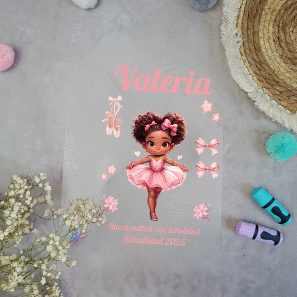 Bügelbild für Schultüte Ballerina Rosa mit Namen / Datum A4