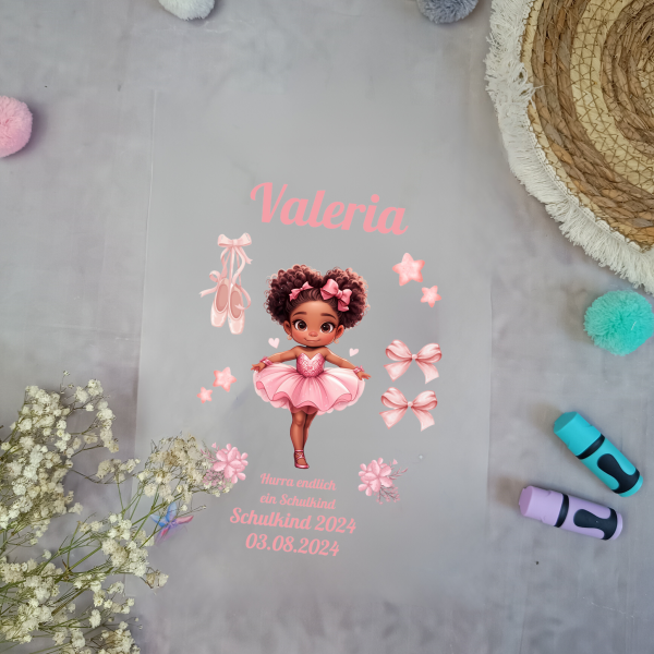 Bügelbild für Schultüte Ballerina Rosa mit Namen / Datum A4