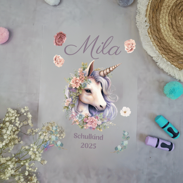 Bügelbild Einhorn für Schultüte mit Namen A4