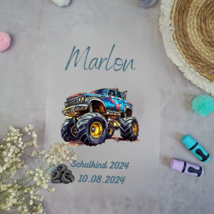 Bügelbild Monstertruck für Schultüte mit Namen A4