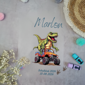 Bügelbild Monstertruck T Rex für Schultüte mit Namen A4