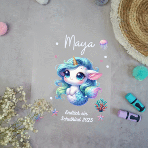 Bügelbild für Schultüte Seepferdchen Einhorn Weiß mit Namen / Datum A4
