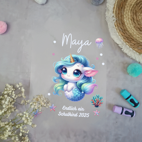 Bügelbild für Schultüte Seepferdchen Einhorn Weiß mit Namen / Datum A4