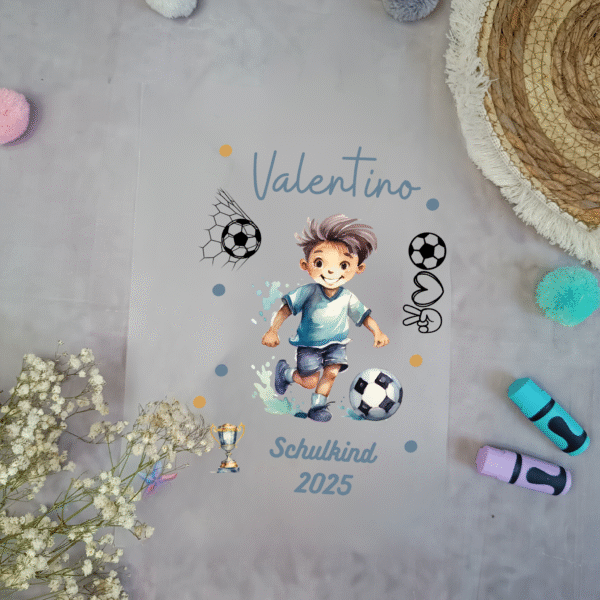 Bügelbild Fussballer Braune Haare für Schultüte mit Namen A4