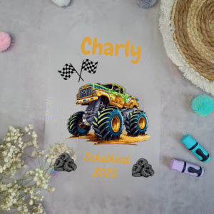 Bügelbild Monstertruck Orange für Schultüte mit Namen / Datum A4