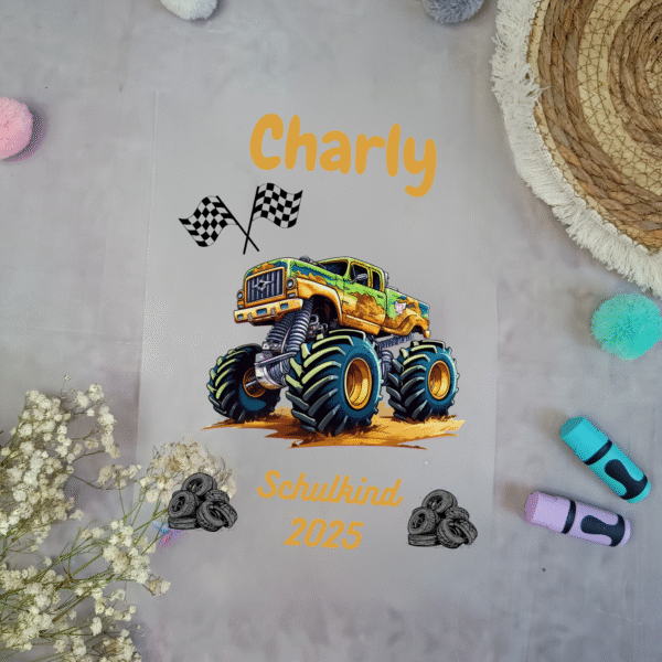 Bügelbild Monstertruck Orange für Schultüte mit Namen / Datum A4