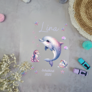 Bügelbild für schultüte Delfin Lila mit Namen / Datum A4