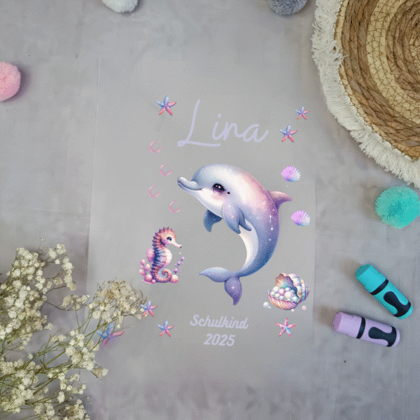 Bügelbild für schultüte Delfin Lila mit Namen / Datum A4