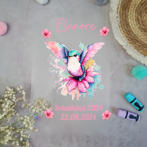 Bügelbild für Schultüte Kolibri mit Blumenkranz mit Namen A4