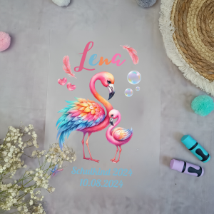 Bügelbild für schultüte Flamingo Regenbogen mit Namen / Datum A4