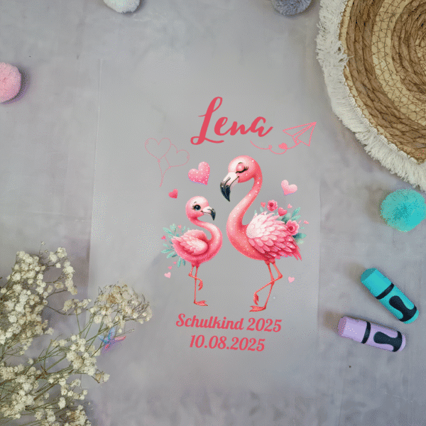 Bügelbild für schultüte Flamingo Liebe mit Namen / Datum A4