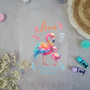 Bügelbild für schultüte Flamingo Regenbogen mit Namen / Datum A4
