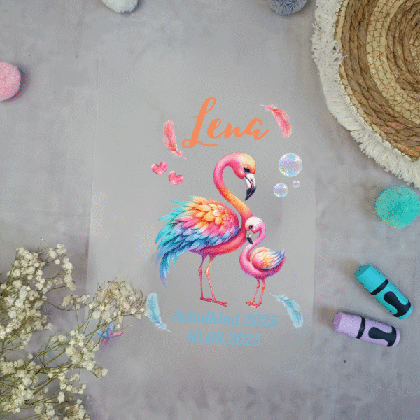 Bügelbild für schultüte Flamingo Regenbogen mit Namen / Datum A4