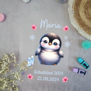 Bügelbild für Schultüte Pinguin süß mit Blumen mit Namen A4