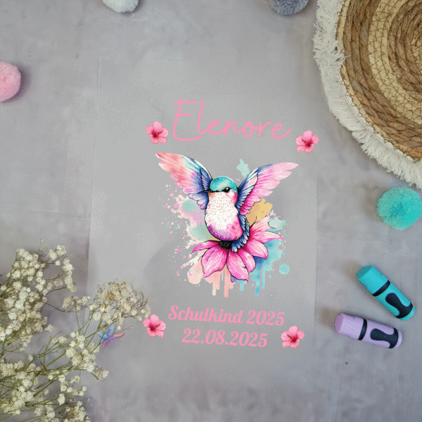 Bügelbild für Schultüte Kolibri süß Aquarell mit Namen A4