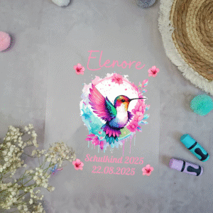 Bügelbild für Schultüte Kolibri mit Blumenkranz mit Namen A4