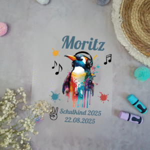 Bügelbild für Schultüte Pinguin Aquarell Cool mit Namen A4