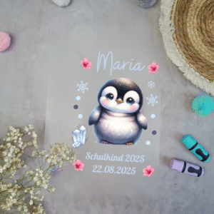 Bügelbild für Schultüte Pinguin süß mit Blumen mit Namen A4