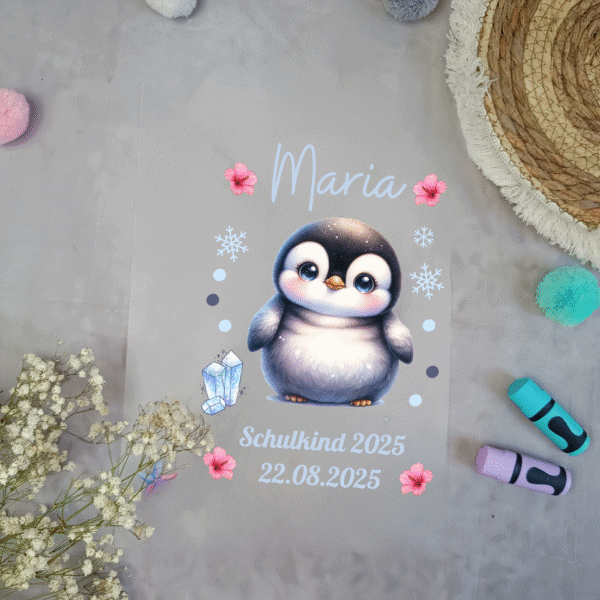 Bügelbild für Schultüte Pinguin süß mit Blumen mit Namen A4