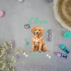 Bügelbild Hund Golden Retriever Schultüte personalisiert mit Name & Datum | A4 Motiv für Einschulung