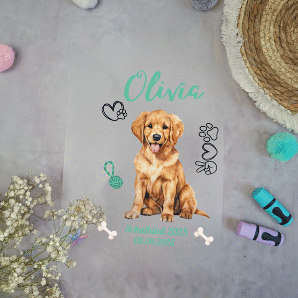 Bügelbild Hund Golden Retriever Schultüte personalisiert mit Name & Datum | A4 Motiv für Einschulung