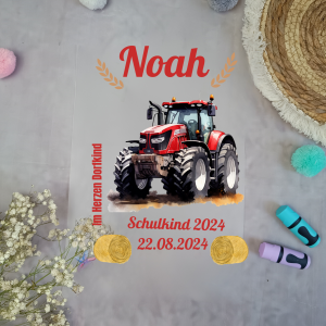 Bügelbild Traktor Rot für Schultüte mit Namen A4