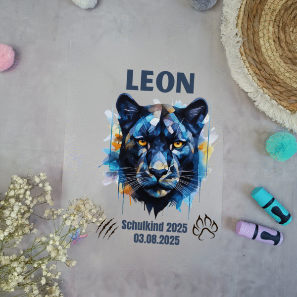 Bügelbild für Schultüte Panther Schwarz Blau mit Namen A4