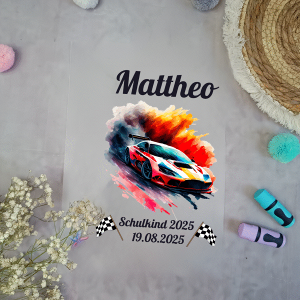 Bügelbild für Schultüte Rennauto mit Namen A4