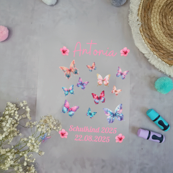 Bügelbild für Schultüte Schmetterlings Schwarm mit Namen A4
