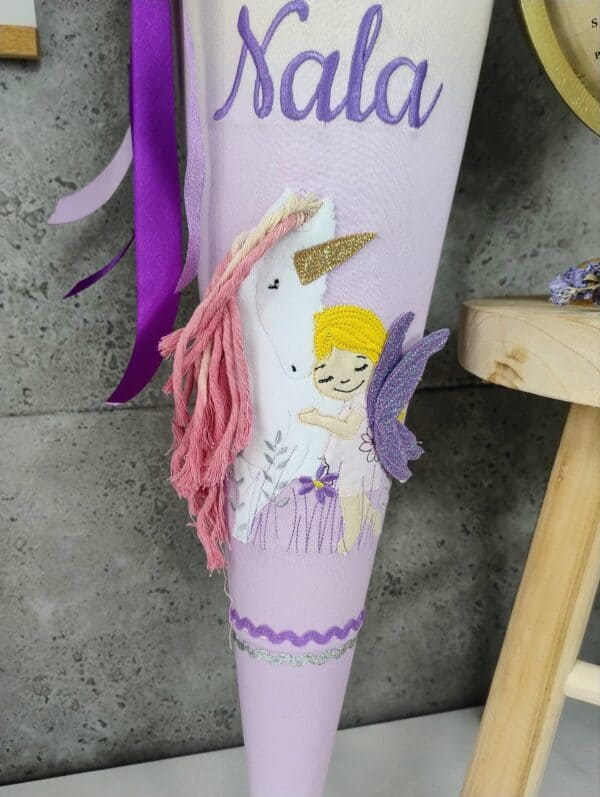 Schultüte Farblauf Lila Gelb mit Fee und Einhorn – Bild 2