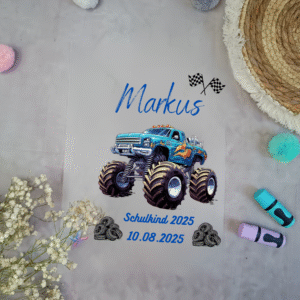 Bügelbild für Schultüte Monstertruck Blau Flammen mit Namen / Datum A4