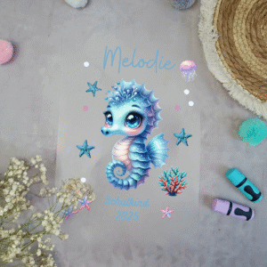Bügelbild für schultüte Seepferdchen Blau mit Namen / Datum A4