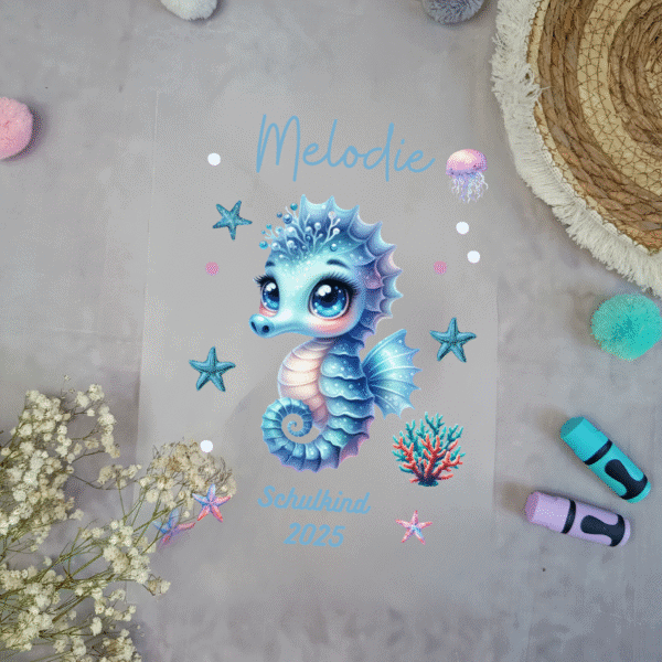 Bügelbild für schultüte Seepferdchen Blau mit Namen / Datum A4