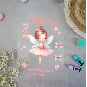 Bügelbild für Schultüte Ballerina Fee Rosa mit Namen / Datum A4