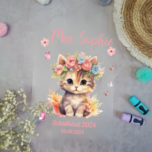 Bügelbild für Schultüte Katze mit Blumen mit Namen / Datum A4