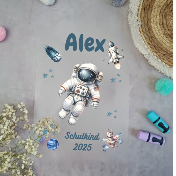 Bügelbild Astronaut Galaxie für Schultüte mit Namen / Datum A4