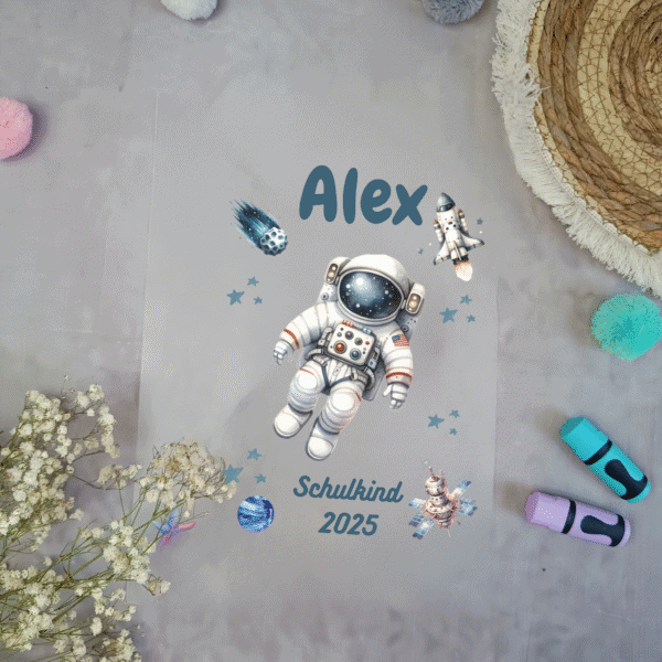 Bügelbild Astronaut Galaxie für Schultüte mit Namen / Datum A4
