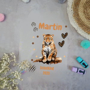Bügelbild für Schultüte Leopard mit Namen / Datum A4