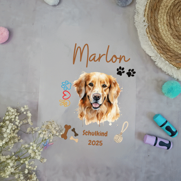 Bügelbild für Schultüte Hund Goldenriever mit Namen / Datum A4