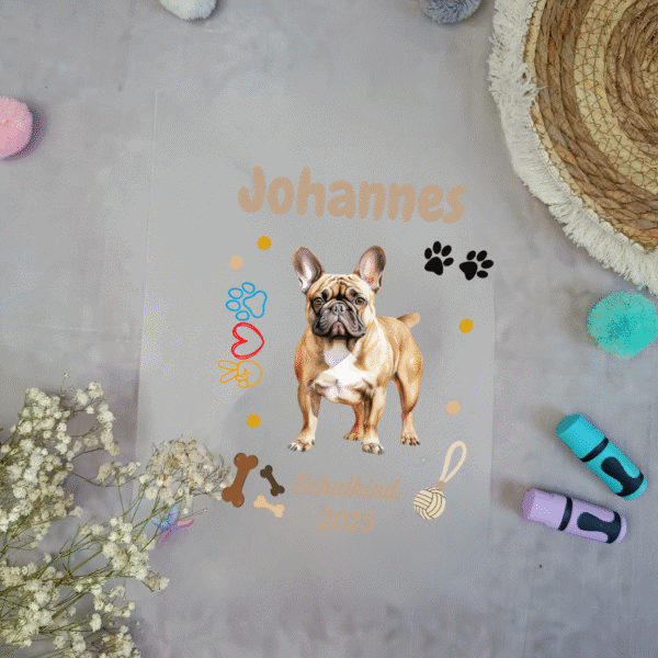 Bügelbild für Schultüte Hund Bulldogge mit Namen / Datum A4