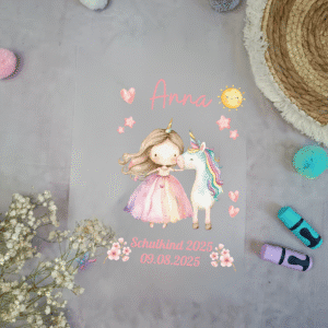 Bügelbild für schultüte Prinzessin mit Einhorn Renbogen mit Namen / Datum A4