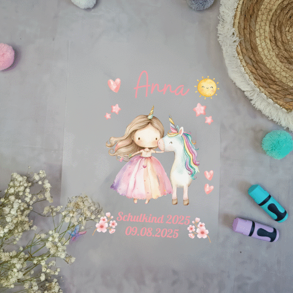 Bügelbild für schultüte Prinzessin mit Einhorn Renbogen mit Namen / Datum A4