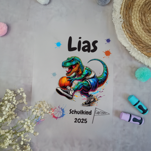 Bügelbild T-rex mit Basketball für Schultüte mit Namen / Datum A4
