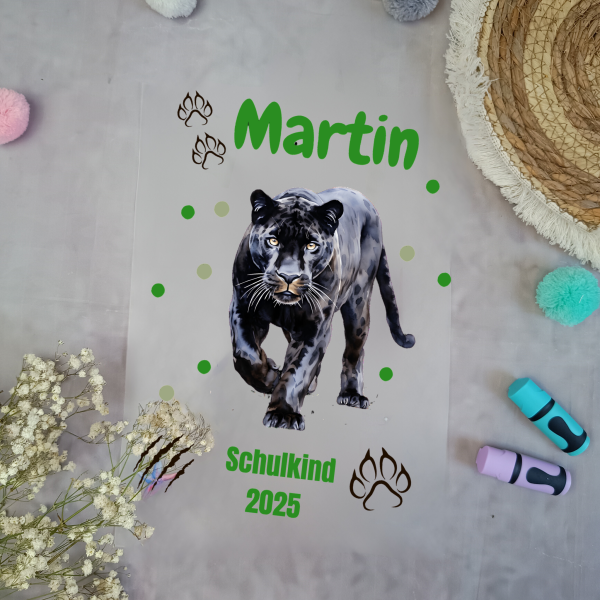 Bügelbild für Schultüte Panther Schwarz mit Namen / Datum A4